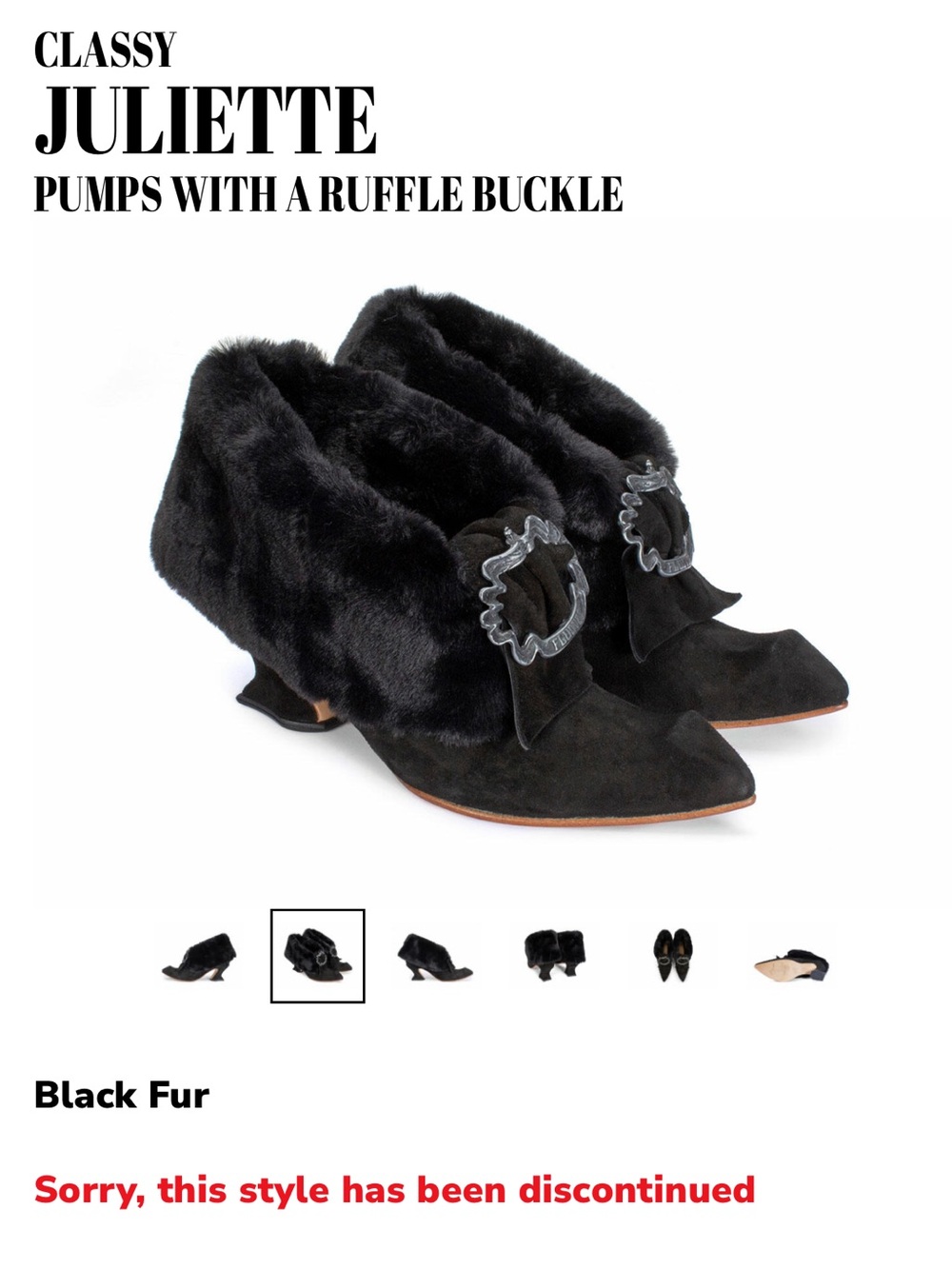 John Fluevog Juliette Black Fur Pumps with Ruffle Buckle Accent
